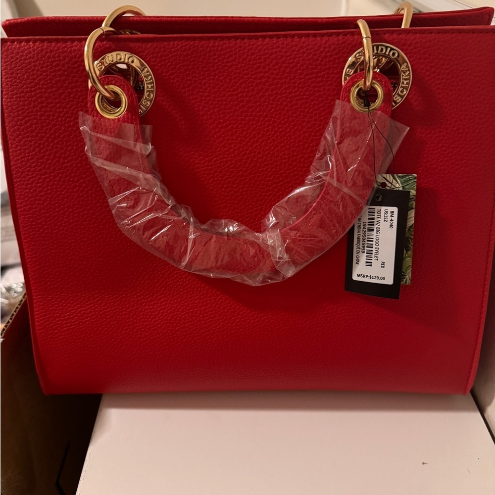 NWT Badgley Mischka Red Tote Vegan Leather Bag Gold Hardware Crossbody - Picture 4 of 8
